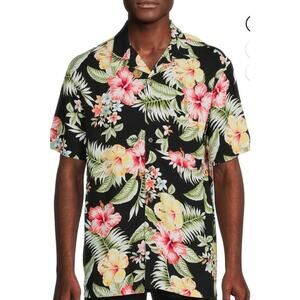 George Men's Floral Hawaiian Button-Up Shirt, Black Multi, Short Sleeve, Size S